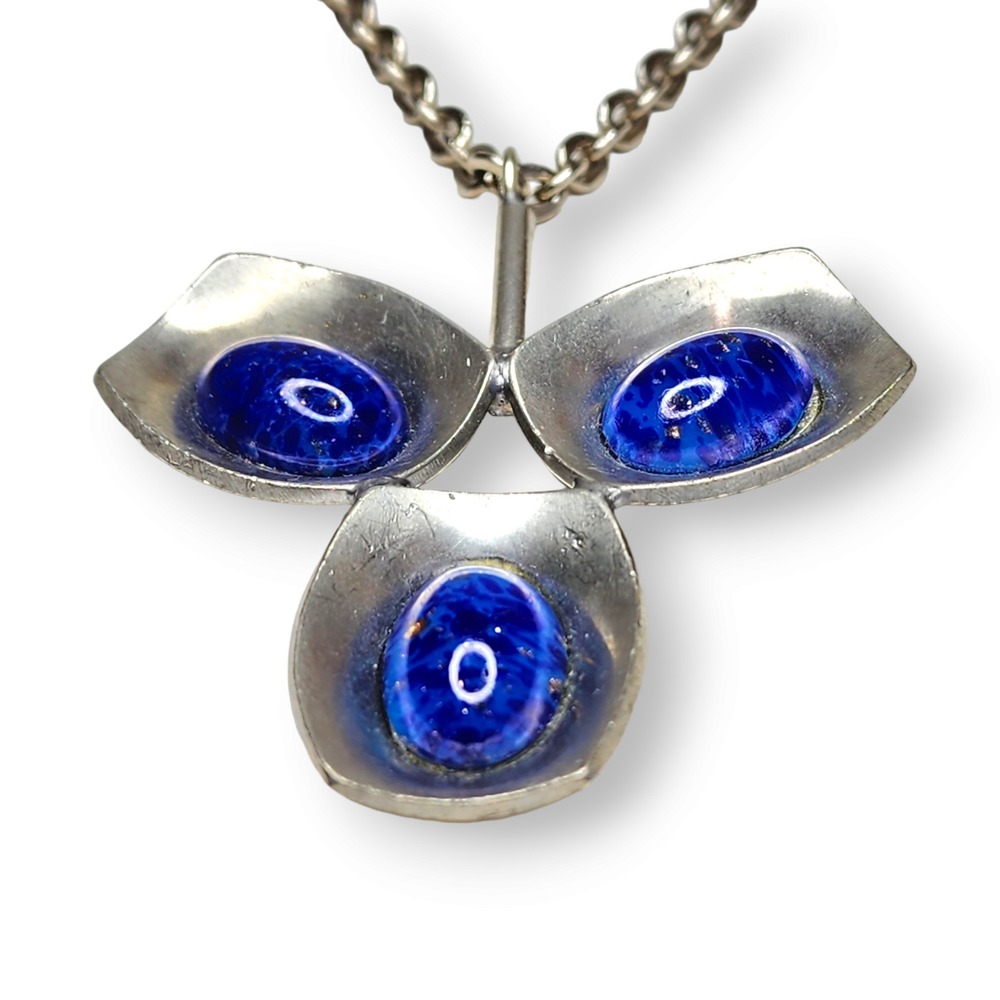 Jorgen Jensen Necklace Pewter Blue MCM Danish Modern Glass Pendant 220B - Picture 4 of 10